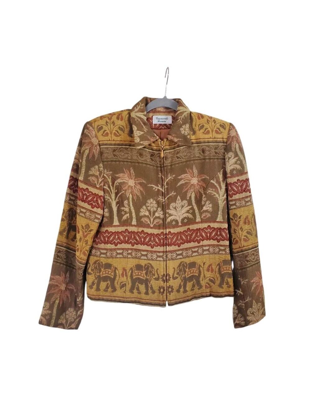 Vintage Giancarlo Ferrari Tapestry Zip Up Lined Elephant Jacket Women's Size 10